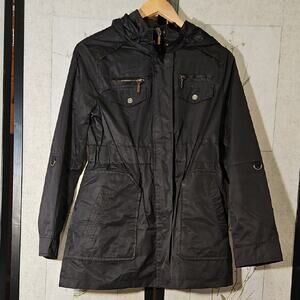 Yoki Black Utility Jacket with Hood and Drawstring Waist